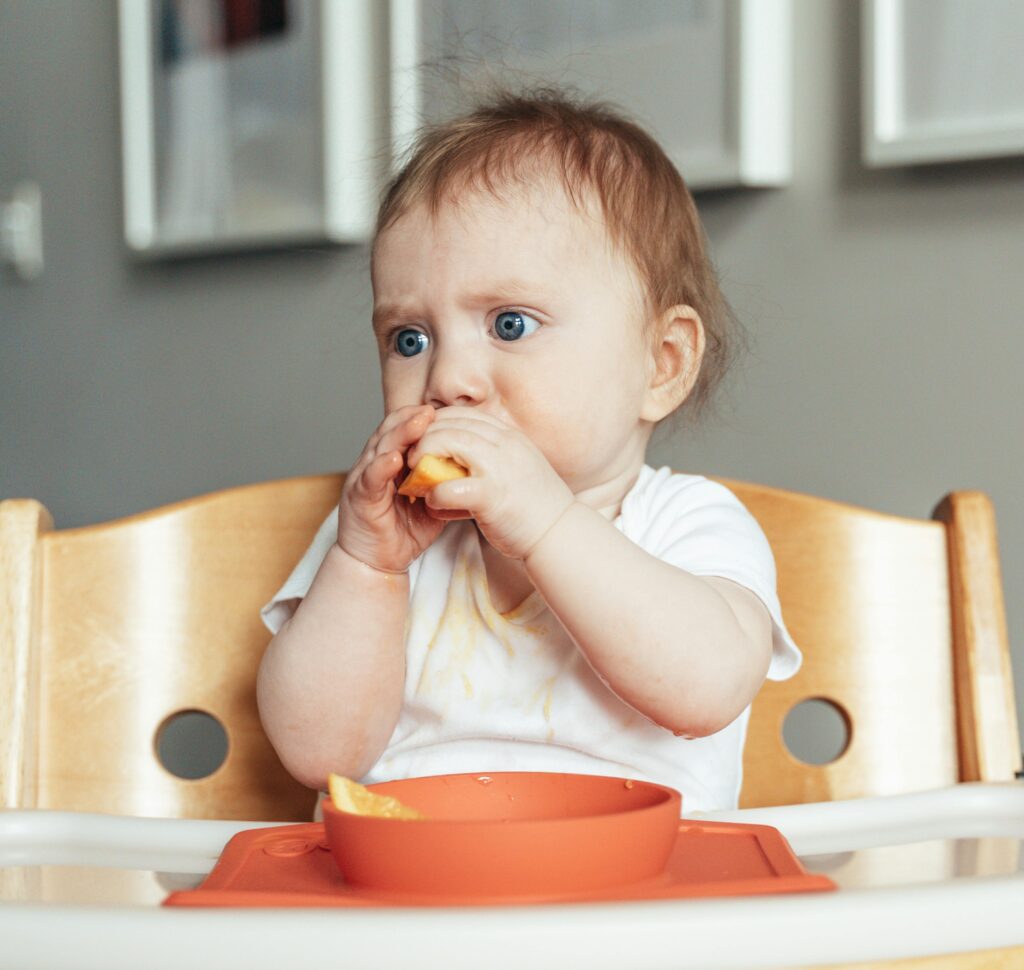 pexels-photo-11957376-11957376 A cute baby in a highchair eating a slice of fruit during their first meal experience.